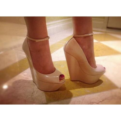 Moraima Snc Nude Patent leather Wedge Shoes for Woman Sexy Peep Toe Ankle Strap Pumps Super High platform Dress Heels