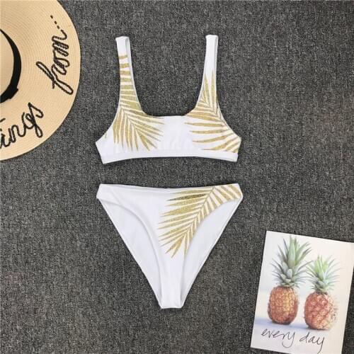 Gold leaf print ladies split swimsuit vacation swimsuit 2-piece suit girls bikini beach swimsuit