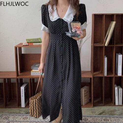 Chic Korea Fashion Clothes Feminine Vestidos Women Vintage Peter Pan Collar Single Breasted Hot Black Dot Long Maxi Shirt Dress