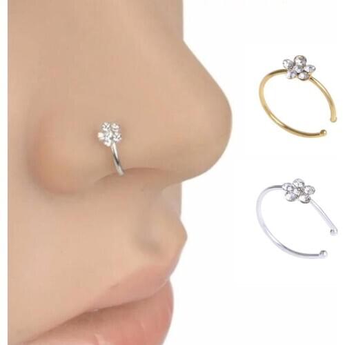 1 Pcs Small Thin Rhinestone Crystals Flower Nose Ring Hoop Fake Piercing Clip Lip Helix Ear Cartilage Nose Jewelry
