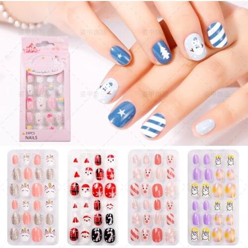 24PCS/Lot Candy False Nail Tips Press on Children Cartoon Full Cover Kid Glue Self Fake Nail Art for Girls Manicure Tips