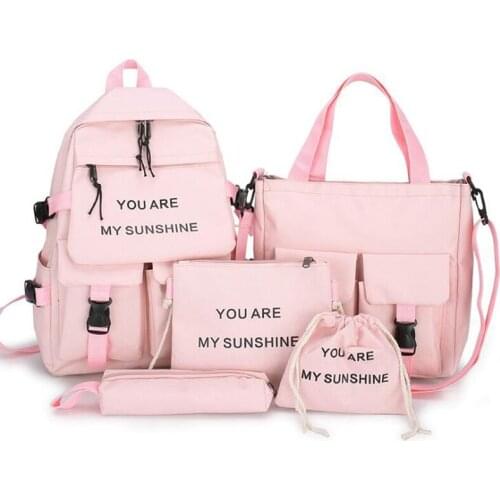 5Piece Set Kawaii Schoolbags for Teenage Girls Women Backpack 2021 Canvas Travel Back Pack Student Notebook Bookbags Schoolbag