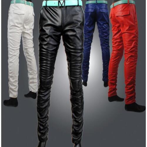 Big size personality fashion motorcycle faux leather pants mens feet pants Plus velvet pu trousers for men pantalon homme