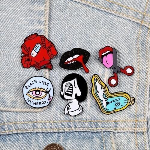 Hot Sale Cartoon Jewelry Alloy Brooch Creative Glasses Red Lip Eyes Tongue Clock Shape Badge Old School Jewelry Gift Friends
