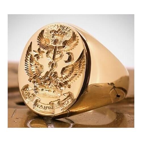 Classic Vintage Mens Gold Plated Ring Royal Noble Gentleman Family Seal Badge Double-Headed Eagle Ring Anniversary Jewelry Gift