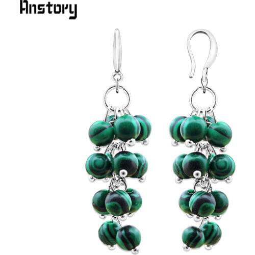 Cluster Malachite Dangle Earrings For Women Personality Fashion Jewelry Antique Silver Plated Party Gift TE253