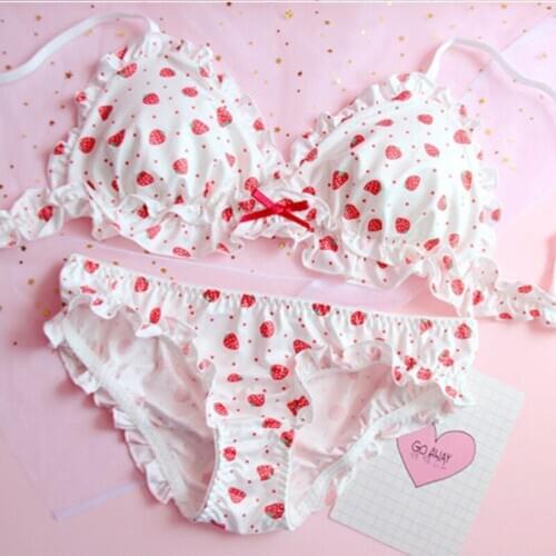 Strawberry / Flowers Print Japanese Milk Silk Bra & Panties Set Wirefree Soft Underwear Intimates Kawaii Lolita Sexy Lingerie