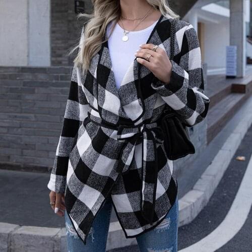 2021 new womens casual elegant autumn and winter warmth, long-sleeved waist tie tight-fitting plaid jacket, comfortable jacket