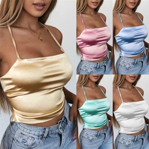 Summer 2021 Satin Sexy Party Tops Backless Hollow Out Sleeveless Short Crop Tops Camisoles Streetwear White Lace Up Tank Tops
