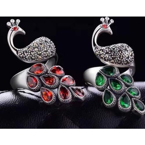 Milangirl Genuine Peacock Ring Wedding Womens Jewellery With Red Garnet Natural Stone Adjustable Fine Jewelry