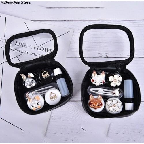 Cute Contact Lenses Case For Women With Clear Bag Mirror Fox/Rabbit/Cat Lenses Container Holder Travel Kit
