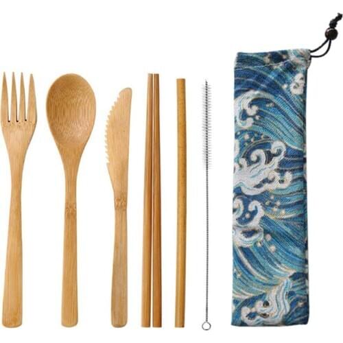 Japanese Wooden Dinnerware Set Bamboo Cutlery Straw Cutlery Set With Cloth Bag Kitchen Cooking Tools