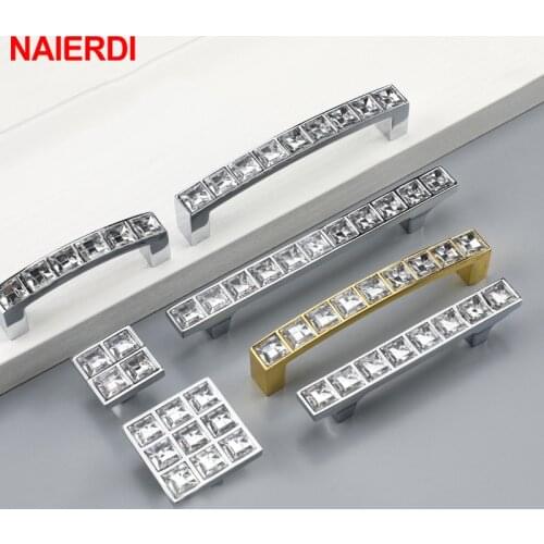 NAIERDI Luxury Diamond Crystal Cabinet Handles Silver Glass Furniture Handle Cupboard Pulls Drawer Knobs Kitchen Hardware