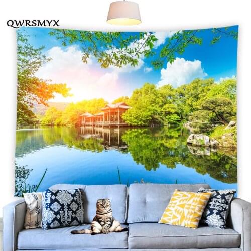 Chinese Garden Lake Scenery Tapestry Wall Hanging Natural Landscape Balcony Living Room Bedroom Dorm Decor Wall Art Tapestries