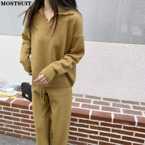 Solid Chic Knitted Two Piece Pants Set Women Full Sleeve Sweater + Elastic Waist Pants Set Casual Fashion Fall Winter Female Set