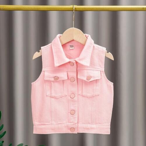2020 Autumn Toddlers Girls Waistcoat Korean Solid Pocket Pink Denim Vest for Girl Childrens Sleeveless Jacket Kids Clothing