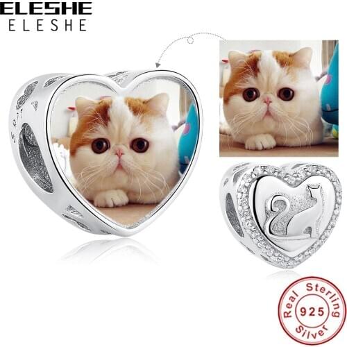 ELESHE Authentic 925 Sterling Silver Heart Photo Bead Charm with CZ Cute Cat Fine Bead Fit Original Bracelets DIY Jewelry 2020
