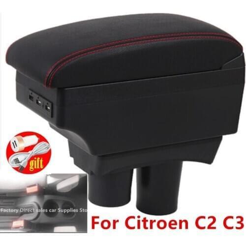 For Citroen C2 C3 armrest box USB Charging Double layer central Store content cup holder ashtray accessories