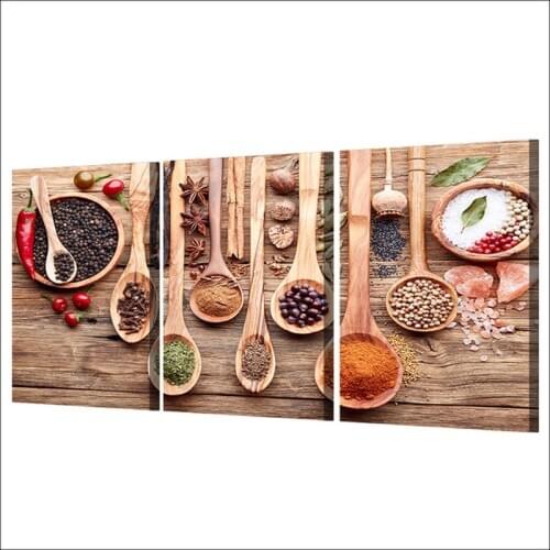 Full square/round Embroidery 5D DIY Diamond Painting 3 Pieces Spoon Grains Spices Food Canvas Painting Kitchen Cooking Wall Art