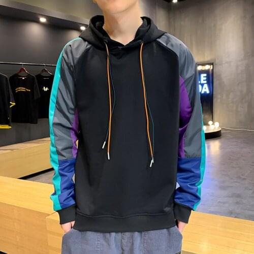 Korean Style Casual O-Neck Hoodie Nice Spring Autumn Print Hoodie Sweatshirt MenS Patchwork Hip Hop High Streetwear Clothes