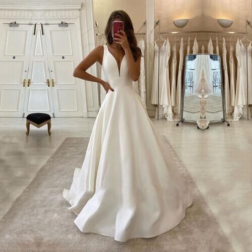 Simple Wedding Dresses A-Line V-Neck Satin Boho Wedding Gowns Ivory Plus Size Bridal Dress 2020 robe de mariee