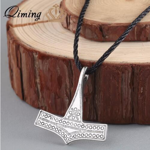 QIMING fashion Vintage Men Jewelry Viking Norse Thors Hammer Mjolnir Leather Cord Necklace Protection Scandinavian P
