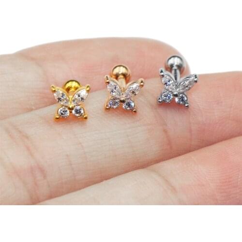 The butterfly zircon Ear Cartilage Tragus Helix Piercing 16G Surgical Steel Screw-back Stud Earrings Body Piercing Jewelry