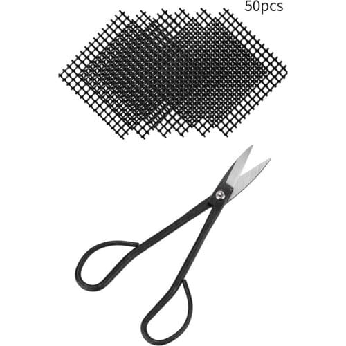 50 Pcs 5 x 5cm Flower Pot Hole Mesh Pad with Bonsai Scissors Long Handle Pruning Household Garden Trimmer