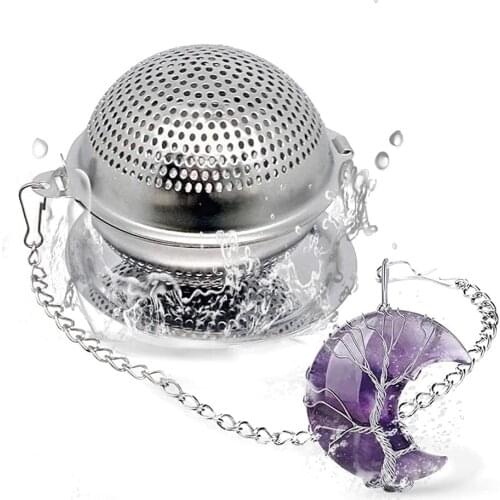 Amethyst Crystal Tea Infuser,304 Stainless Steel Mesh Tea Ball Filter with Tree of Life Tea Strainer,Crescent Moon Pendant