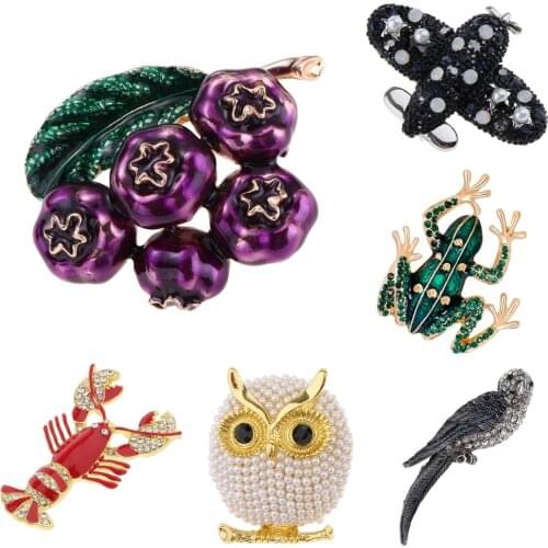 Vintage Novelty Design Pins Brooches Jewelry Gift Blueberry Parrot Aircraft Crayfish Owl Frog Shape For Scarf Bags Ornament