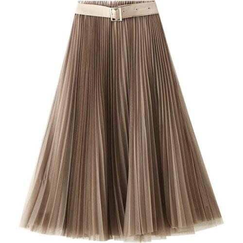 Spring Summer Vintage Tulle Skirt Women High Waist Elegant Fashion Midi Pleated Skirt With Belt Female Maxi Long Skirts Femme