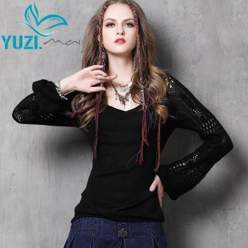Women Sweater 2017 Yuzi.may New Vintage Cotton Wool Pullovers V-Neck Lantern Sleeve Loose Stretchy Sweaters For Women B9537
