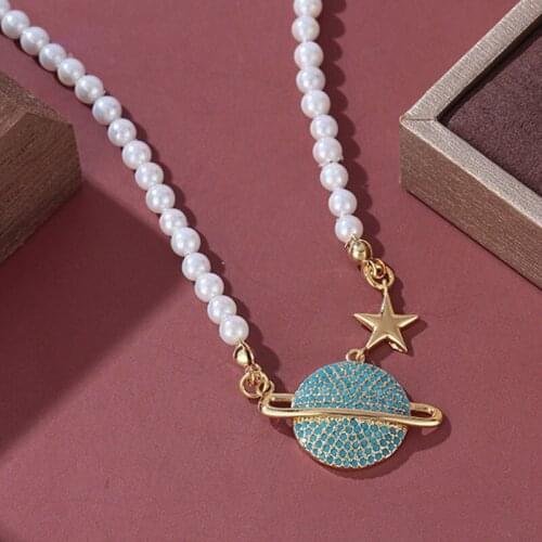 Blue stone saturn pearl necklace for igirls y2k jewelry fairycore aesthetic 2000s space necklace cute harajuku style