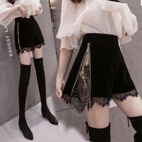 Korean vintage velvet shorts women high waist slim fit hollow lace patchwork womens shorts autumn winter zipper booty shorts