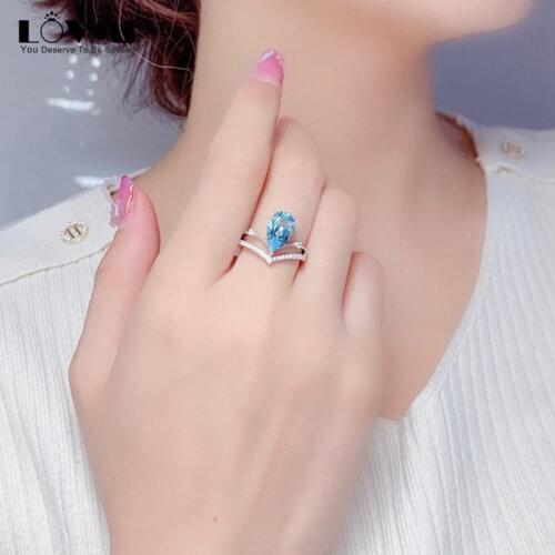 Fashion 925 Sliver Woman Rings Aquamarine Blue Gemstone Water Drop Shape Wedding Ring Engagement Party Gift Adjustable Jewelry