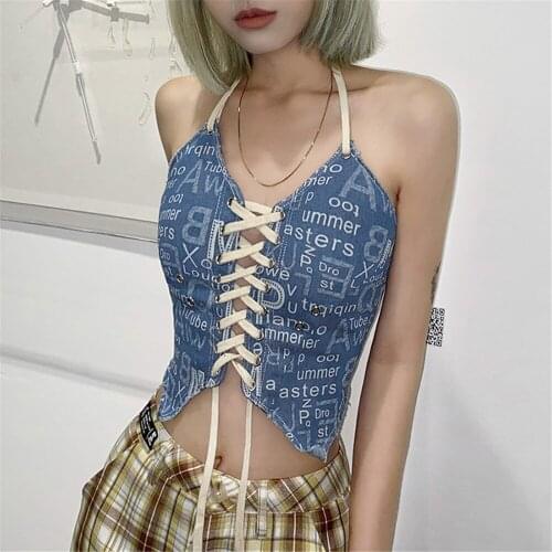 Summer Women Hollow Out Tie-Up Sleeveless Crop Tops Sexy Blue Neck-Mounted Backless Printted Camis 2021 Harajuku Tanks