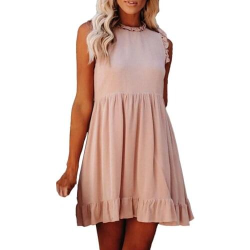 Plus Size Women Dress Elegant Ruffle Solid Color Summer Apparel Round Neck Sleeveless Office Party Dresses