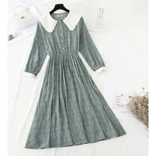 Women Dress 2021 New Spring Floral Print Sweet Doll collar Pleated Chiffon Dresses Elegant Ladies A-Line Vestidos