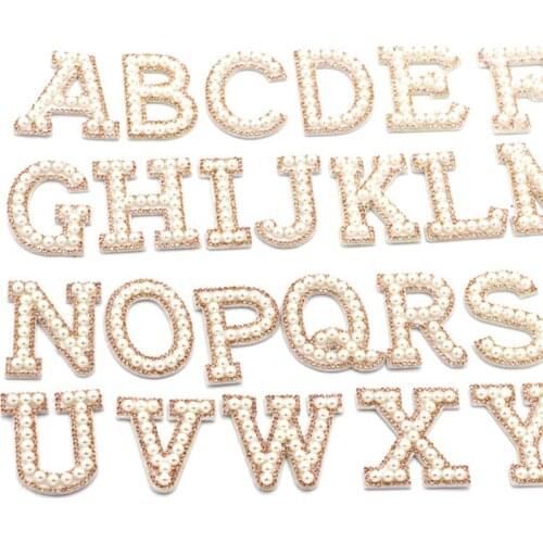 Gold Rhinestone Pearl English Alphabet Patch 3D Beaded Stickers Mixed Embroidery Patch for Clothing Logo Diy Applique