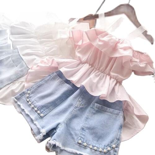 2021 Summer Toddler Kids Girls Clothes Pink White Chiffon Suspender Top Denim Shorts 2pcs Outfits Sets Children Clothing Suit
