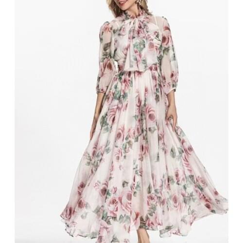 2021 Summer Spring Long Dresses Women Flowers Printed Bow Lantern Sleeve High Quality Elegant Holiday Dress