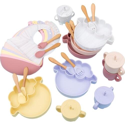 5pcs/set baby cutlery set silicone sheep bowl straw cup spoon fork bib food grade baby feeding non-slip product