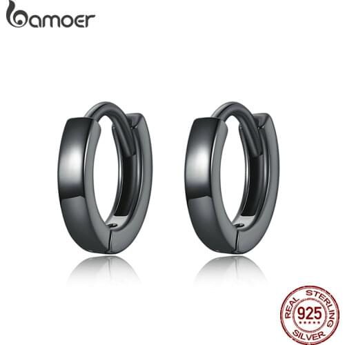 BAMOER New 925 Sterling Silver Black Gold Ear Buckles Simplicity Hoop Earrings Korean for Women Men DIY Fashion Jewelry SCE1230