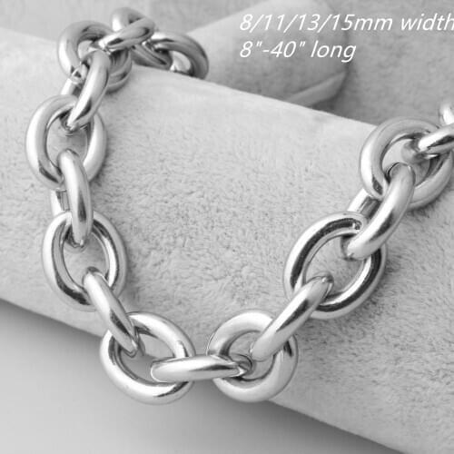 High Polishing Silver Color 8/11/13/15mm Width Rolo Chain 316L Stainless Steel Bracelet Handsome Mens Jewelry 7-11inch