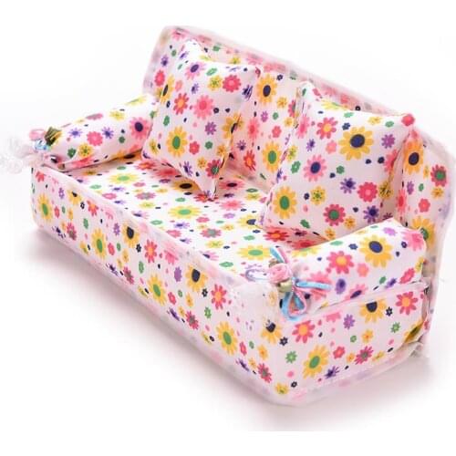 Mini Sofa Toy Flower Print Baby Toy Plushed Stuffed Toys Furniture Sofa + 2 Cushions for Doll House Accessories Doll Couch
