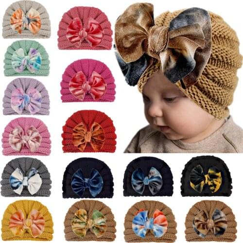 Baby Headband Hat Bowknot Print Cotton Stretchy Turban Headband Infant Head Wrap Beanie Hat Girls Headwear Baby Hair Accessories