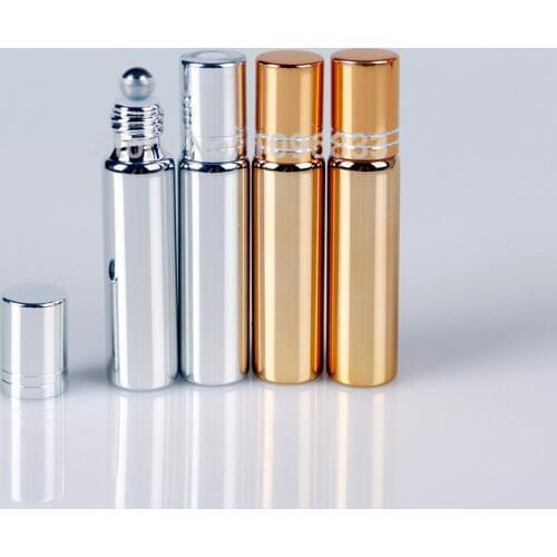 10ML Silver Gold UV Glass Roller Bottle Steel Ball Roll On Bottle Cosmetic Perfume Aroma Essential Oil Packing Bottle, 50Pcs/Lot