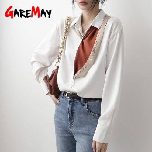 Garemay Beautiful Womens Elegant Blouse Long Sleeve Silk Top Satin V Neck White Office Basic Chiffon Summer Blouse Women