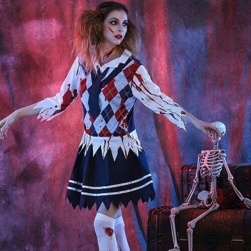 Gothic Woman Scare Schoolgirl Zombie Halloween Costume Cosplay Sexy Nightwear Club Party Carnival Horrible Adult Fancy Dress XL