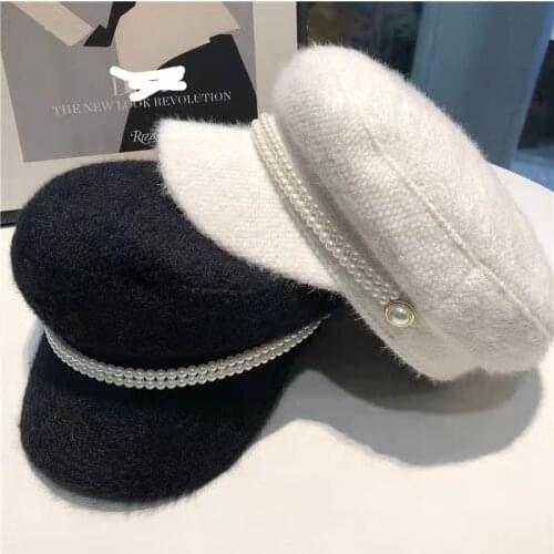 JIN-Swhbias Pearl Spring Autumn Octagonal Hat Women Casual Visors Cap Cotton Female Navy Hat Lady Beret Cap Flat Top Captain Cap